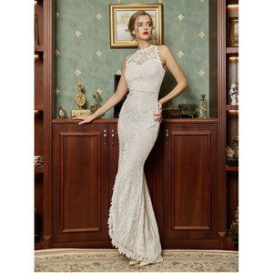 Lace Floor Length Wedding Dress Elegant Gown Split Thigh Sleeveless White